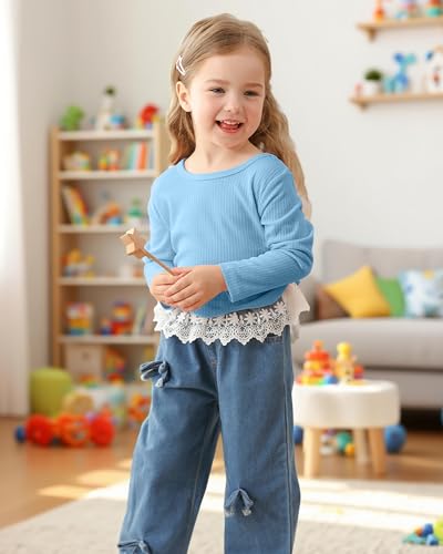 Image of Kucnuzki Toddler Baby Girl Clothes Long sleeve Fall Winter Shirt Tops Baggy Jeans Pants Set Kids Girls Outfits 2 Piece