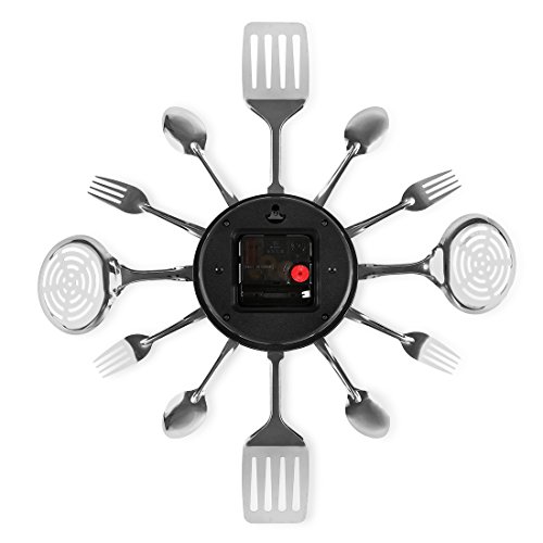 CIGERA 16 Inch Large Kitchen Wall Clocks with Spoons and Forks,Great Home Decor and Nice Gifts,Sliver