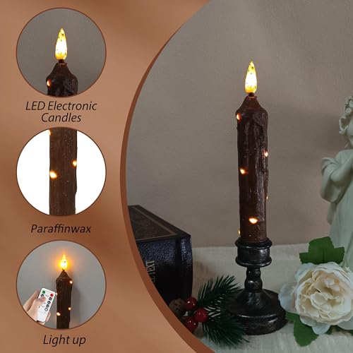 Image of 6.5 Inches Primitive Real Wax LED Flameless Short Candlesticks Hand Dipped Battery Operated Taper Candles with Timer Remote Candles for Vintage Rustic Home Decor, Pack of 2(Brown)