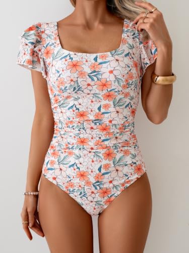 Image of Eomenie Women's Tummy Control One Piece Swimsuit Ruffle Square Neck Bathing Suit Ruched Cutout Back Slimming Swimwear