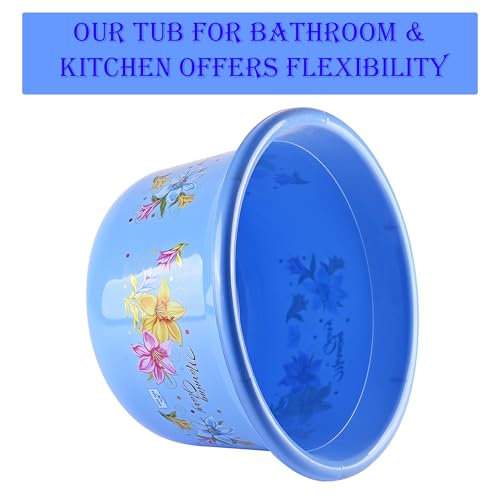 Image of Kuber Industries Pack of 3 Plastic Tub | Bath Tub of Bathing & Washing | Tub for Bathroom | Bathtub for Baby | Flower Print Water Tub | 25 LTR | Blue