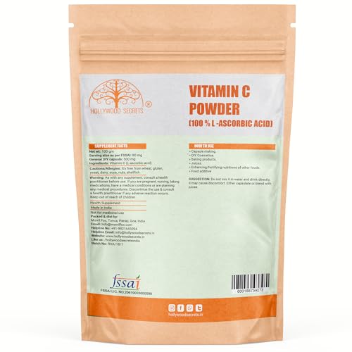 Image of Hollywood Secrets 100% Pure Organic Vitamin C Powder L Ascorbic Acid DIY Serum Making Face Care 100 gm