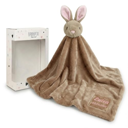 Babydecke mit Namen Bestickt. Zweilagige Kuscheldecke 75x75cm mit süßem Tiergesicht zum kuscheln. Baby Geschenk zur Geburt für Jungen und Mädchen Hase