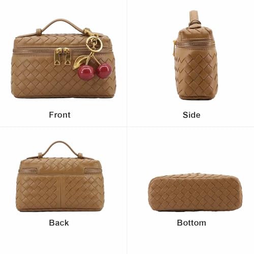 Image of Small Woven Box Crossbody Bags for Women Designer Leather Mini Top Handle Clutch Purse Square Vanity Bag with Cherry Charm