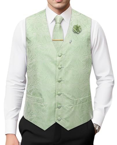 Hi-Tie Mens Silk Vest Set 6 PCS Dress Vest and Tie Pocket Square Lapel Pin for Work Wedding Business2
