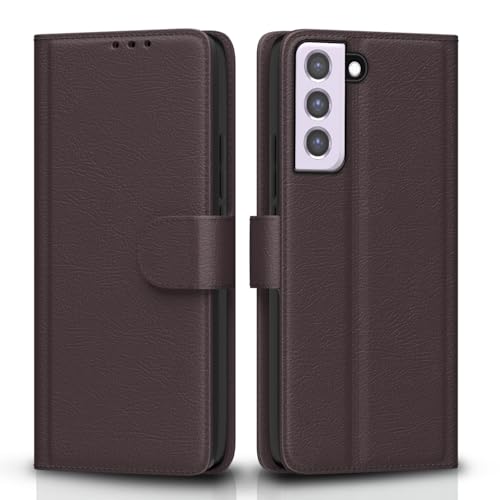Image of Amazon Basics Flip Cover for Samsung Galaxy S21 FE 5G Leather Finish | Wallet Stand and Shock Proof | Inside TPU with Card Pockets | Complete Protection Flip Case (Coffee)