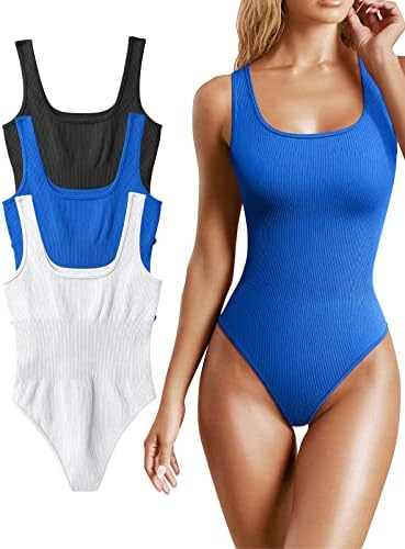 3 Pcs Women Ribbed Sexy Bodysuit Sleeveless Square Neck Padded Tank Top Thong Shapewear Bodysuits Stylish Body suit for Women