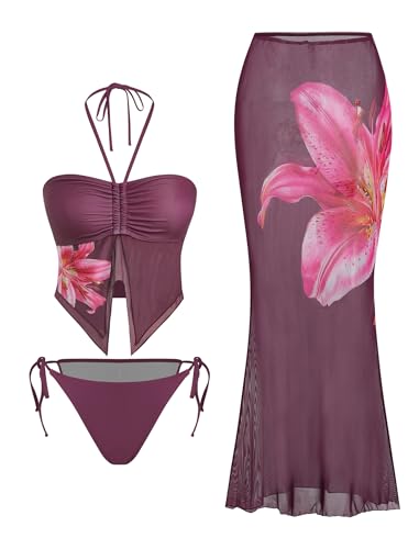 Image of ZAFUL Women 3 Piece Bikini with Cover Up Skirt Halter Bandeau Swimsuit Floral Tie Side Cheeky Bathing Suit