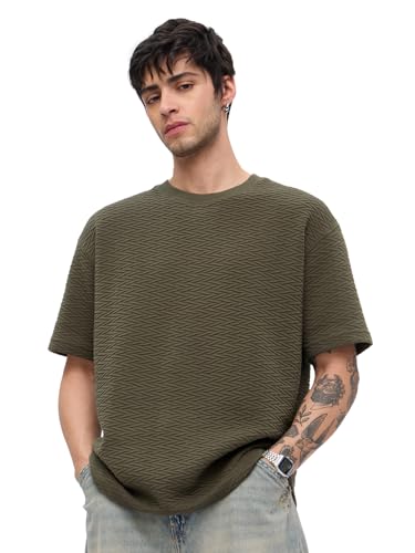 Image of The Souled Store Textured T-Shirt: Men and Boys Short Sleeves Round Neck Solid Cotton Blend Oversized T-Shirts