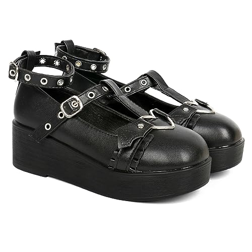 Cute Platform Pumps Mary Jane Wedge Shoes for Women Ankle T Strap Round Toe Goth Dress Shoes4