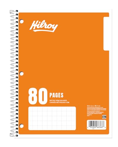 Hilroy 1-Subject Coil Notebook, 8" x 10.5", Metric Graph Ruled with 1 cm-Square Ruling on Front and Plain Ruling on Back, 80 Pages/40 Sheets, 3-Hole Punched, 1 Notebook, Orange Cov image 2