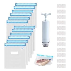 Vacuümzakken, 12 stuks vacuümzakken, 30 x 40 cm, herbruikbare vacuümzakken, ritssluiting, sous-vide zak met pomp en 12 sluitklemmen voor het bewaren van levensmiddelen