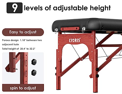 Cloris 84" Professional Massage Table Portable 2 Folding Lightweight Facial Salon Spa Tattoo Bed Height Adjustable With Carrying Bag & Wooden Leg Hold Up To 1100Lbs #TOP3