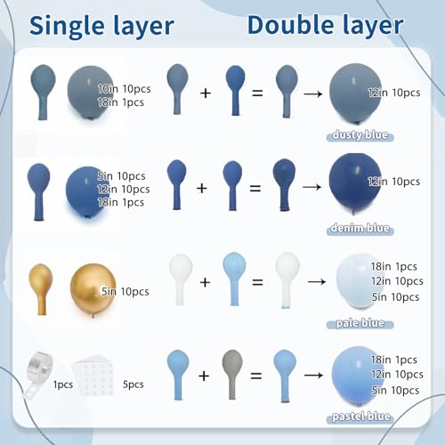 Image of Blocesa Dusty Blue Gold Balloons Arch Kit, Double Stuffed Pastel Balloon Arch Pastel Light Dark Denim Pale Blue Balloons With Blue Gold Balloons for Boy Birthday Wedding Graduation Party Decorations