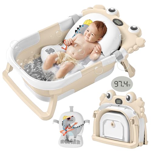 Image of Collapsible Baby Bathtub for Newborn with Soft Floating Cushion & Thermometer Perfect Portable Travel Baby Bath Tub for 0-36 Month Infants to Toddler Boy (Beige)