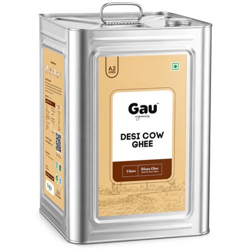 Image of Gau Organics Cow Ghee, Pure and Natural, Hand Made Curd Churned Desi Ghee, Gluten Free, Lactose- Free Cow Ghee, No Preservatives and Chemical-Free Organic Ghee Helps to Boost Immunity (5L)