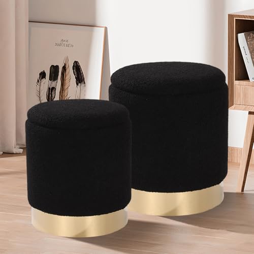 YYW HOME Sherpa Round Ottoman Set of 2 with Storage, 12 Gallon Hidden Storage Ottoman, Multi-Functional Footrest Stool, Vanity Seat, Coffee Table, No Assembly Required, Holds 300lbs (Teddy Black)
