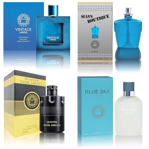Cologne for Men Set (100ml x 4PCS Variety Pack Vintage Heroes,Blue Sky,Sean's Boutique,Hunter Noir) Eau De Perfume Notes of Woody, Spicy, Citrus &amp; Aromatic Long Lasting Perfume for Men