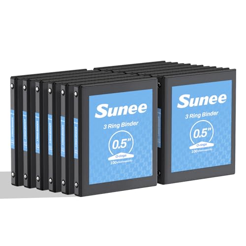SUNEE 3 Ring Binders 1/2 Inch 12 Pack Clear View Three Ring PVC-Free (Fit 8.5x11 Inches) for School or Office Supplies Black
