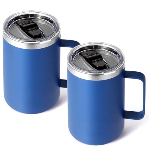 Volhoply 16oz Insulated Coffee Mug with Lid and Straw, Stainless Steel Travel Mugs with Handle, Double Wall Vacuum Leak Proof Coffee Tumbler Cup (Blue,2)