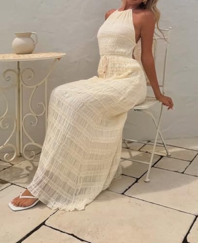 Image of Argeousgor Women Halter Neck Backless Summer Dresses 2025 Sleeveless Tiered Ruffle A-Line Flowy Cocktail Party Maxi Dress