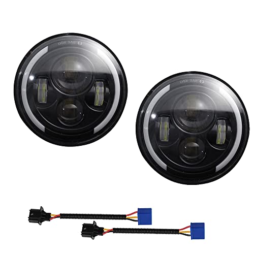 Image of KYYET 7 inch LED headlight With Halo Ring DRL Hi/lo Beam Compatible with Defender 90 110 Jeep Wrangler JK TJ CJ Hummer H1 H2 Miata mx5 mk1