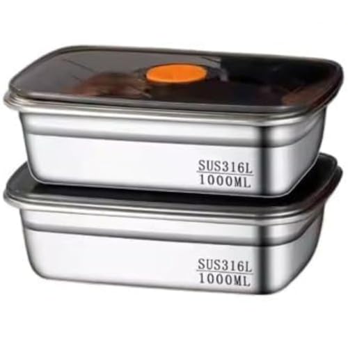 Image of KEMETHY SUS 316 Stainless Steel Fridge Storage Containers Leak Proof-Airtight Lids,Kitchen Food Leftover Storage Microwave Safe Reusable Metal Boxes,Dishwasher Safe for Snacks,Fruits (2-PC 1000 Ml)