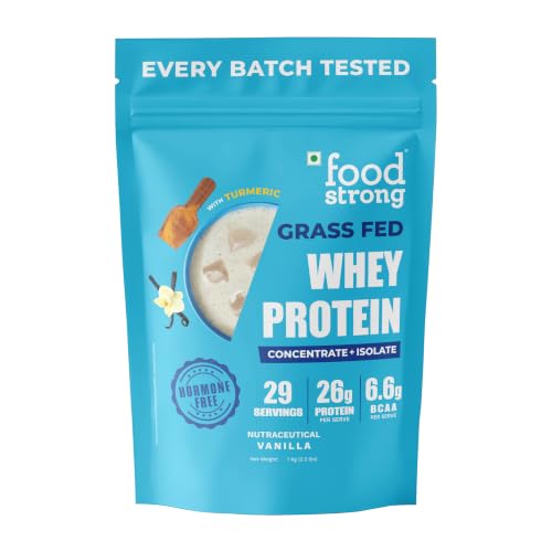 Image of Foodstrong Whey Protein Powder (Concentrate + Isolate), 100% Hormone Free Grass-Fed Whey, 26G Protein & 6.6G BCAA, Vanilla, With Turmeric & Digestive Enzymes, 1KG