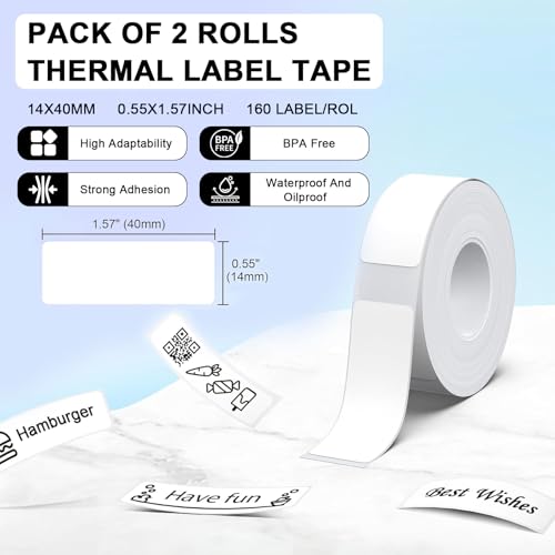 UZSUZZ 2 Rollen Original P21 Etikettenband-Ersatz 14x40 mm Laminierte Büro-Etiketten, 160 Stück/Rolle Weißes Mehrzweck-Etikettendruckpapier