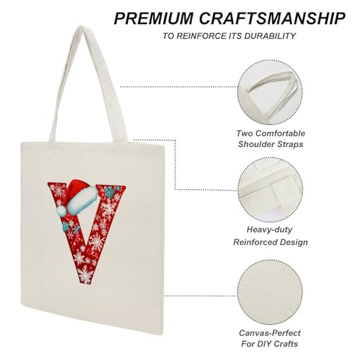 Letter V with Santa Hat Snowflakes Canvas Tote Bag for Women Initial Letter Reusable Shoulder Tote Bag Gifts for Women Mother3
