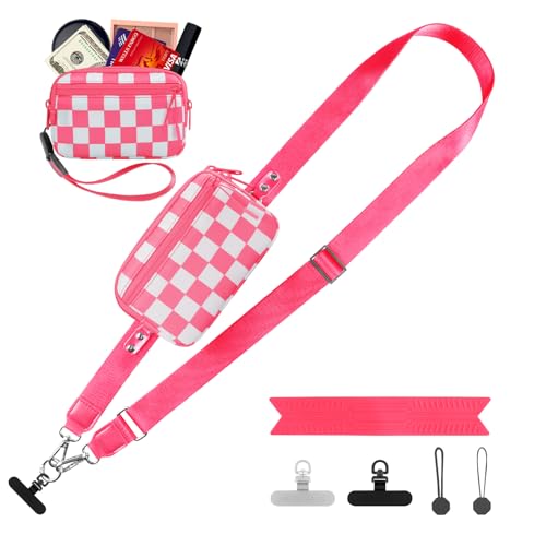 Image of YFWE Clip and Go Strap for Phone with Wallet Crossbody, Adjustable Phone Lanyard with Detachable RFID Wristlet Wallet, Phone Strap with Phone Tabs for All Phones, Pink Checkered (M)