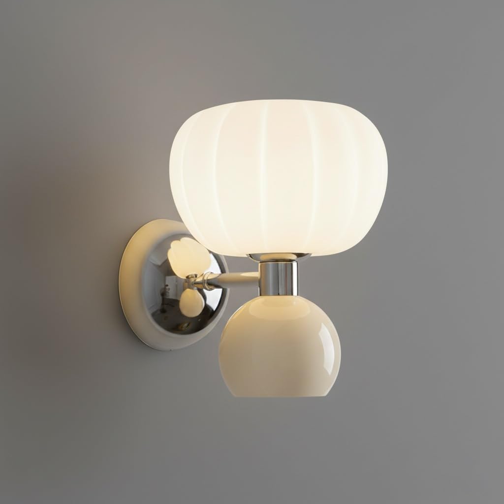 IvyLoutish Modern Nordic Double Globe Wall Sconce, Chromed Metal Base with Frosted Glass & Painted Sphere Wall Light, G9 Hardwired Ambient Lighting Fixture for Bedroom, Living Room, Bedside(Cream)