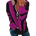 Masrin Bluse Damen Lässige Oberteile mit gestreiften Nähten in Kontrastfarbe Tunika mit Reißverschluss und V Ausschnitt Herbst Langarmshirts Lockerer bequemer Pullover (XL, Violett)