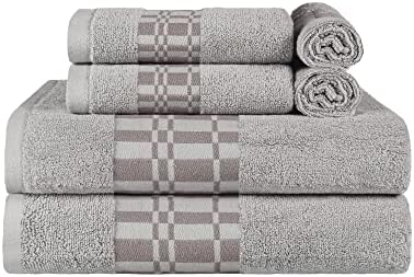 SUPERIOR Cotton 6 Piece Towel Set, 550 GSM, Plush Quick Dry Decorative Bathroom, Medium-Weight, Geometric Jacquard Pattern, Dobby Border, Face Towels, Hand Towels, Bath Towels, Chrome