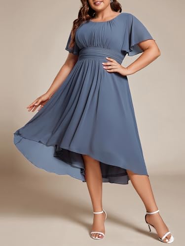 Image of Ever-Pretty Women's Plus Size Formal Wedding Guest Dresses for Curvy Women A Line Chiffon Midi High Low Cocktail Dress
