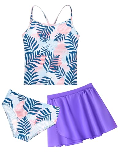 Image of Girls Swimsuit 3 Piece Sleeveless Bathing Suit Sets with Skirt Swimwear Rash Guard for Kids Beach UPF 50+ Sun Protection
