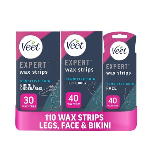 Veet Expert Cold Wax Strips Bundle, One of Each, Hair Removal, Legs & Face & Bikini and Underarms, Sensitive Skin, with Almond Oil