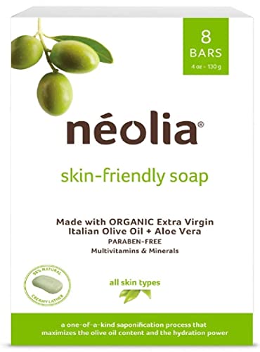 Neolia Green Olive Oil Soap Bar - Made With Extra Virgin Organic Italian Olive Oil + Aloe Vera + Vitamins & Minerals. Moisturizing All-Natural Olive Oil Bar Soap, Bar Soap Olive Oil For Face & Body, Dry or Sensitive Skin - No Paraben. 8 Pack.
