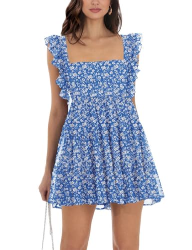 Image of Women's Summer Square Neck Tie Back Ruffle Sleeve Tiered Casual A-Line Short Mini Dress