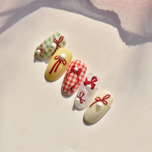 Image of Bow Nail Art Stickers 5D Embossed Nail Decals Self Adhesive Red Nail Sticker for Nail Art Pearl Design for Women Girls Supplies Nail Art Decorations Accessories