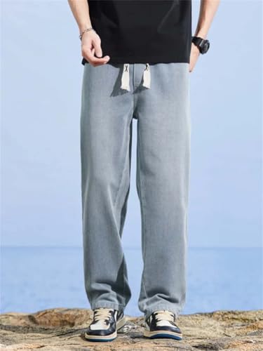 Hndudnff Men's Summer Cotton Jeans Casual Elastic Waist Drawstring Stretch Straight Leg Denim Long Pants4