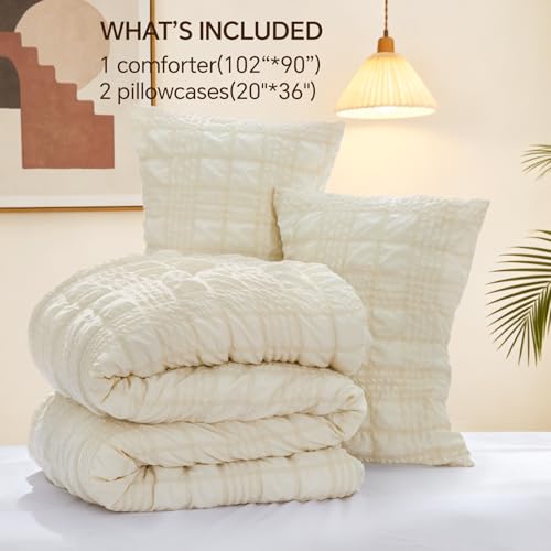 Image of BEDELITE King Size Comforter Set, Seersucker Bedding Set 3 Pieces, Cream | All Season Use, Machine Washable, Soft and Lightweight, Ruched Comforter for Bedroom, Wrinkle-Resistant, Cozy and Stylish