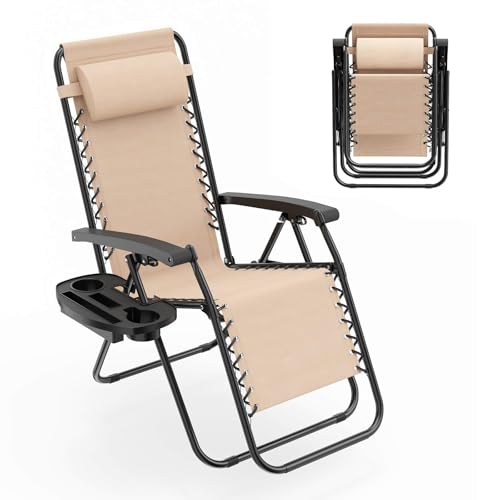 Costway Patio Zero Gravity Lounge Chair, Outdoor Folding Recliner Lounge Chair with Cup Holder & Removable Pillow, Adjustable Recliner for Backyard, Garden, Poolside