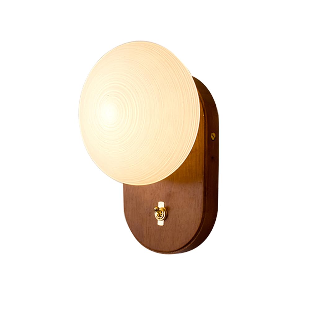 HUAYUSEDF Mid Century Round Glass Wall Sconce Vintage Wood Farmhouse Light Fixture Bedroom Lighting Modern Nordic Hallway Mounted Lamp for Living Room Aisle Stairs Foyer Bedside