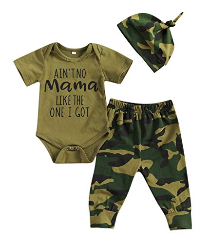 Baby Boy Camouflage Romper Pants with Hat Bodysuit Jumpsuit Set Three Piece Outfits Set Infant Summer Clothes (Mama Print Summer Outfits, 0-3 Months)
