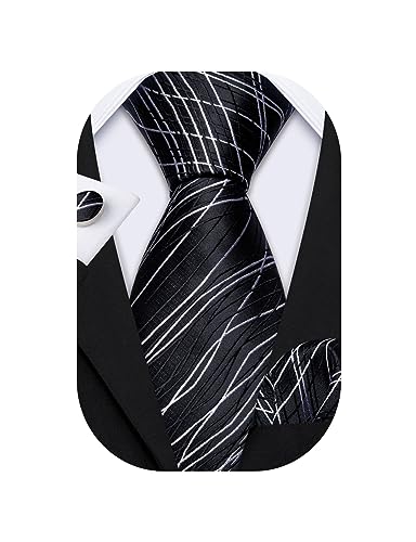 Barry.Wang Stripe Men Ties Set Classic WOVEN Necktie with Handkerchief Cufflinks Formal, Black Stripe, One size
