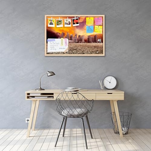 Image of ArtzFolio City Overlooking Desolate Desert | Bulletin Board Notice Pin Board | Vision Soft Board Combo with Thumb Push Pins & Sticky Notes | Natural Brown Frame | 30 x 20 inch (76 x 51 cms)