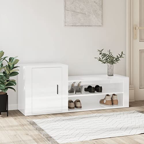 FIRBNUS 130x35x54 cm Zapatero de Recibidor con 2 Compartimentos y 1 Puerta Armario de Recibidor Blanco Brillo Mueble Zapatero Estantería Estante de Almacenamiento Madera Contrachapada