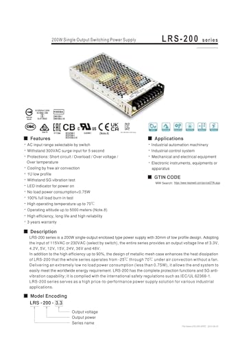 LRS-200-24 alimentation à sortie unique 200W pour projets électriques