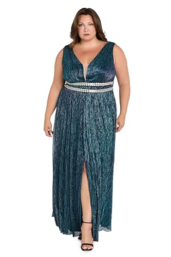 Image of R&M Richards Women's Pleated Maxi Dress W /Illusion V-Neck, Embellished Waistband & Front Slit - Party & Cocktail Gown